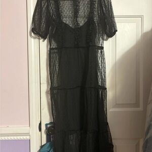 H&M DIVIDED Mesh Polka Dot Maxi Dress Ruffle Puff Sleeve High Neck US small